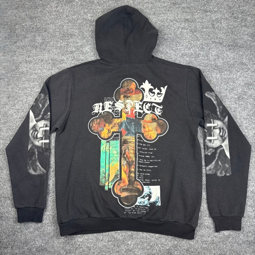 Fresh Laundry Respect Graphic Hoodie Mens LG Black Gothic Cross Angel Streetwear